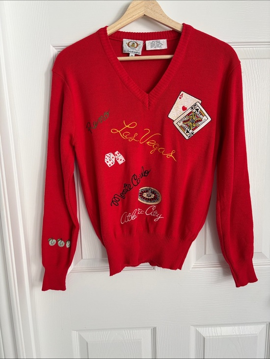 Vintage Sweaters - Vintage Red V-Neck Casino Embroidered Sweater Sir Robert Originals Size M Lucky